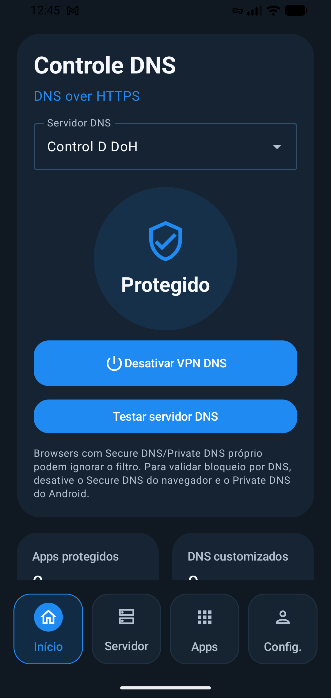 Tela inicial do DNS Changer em português